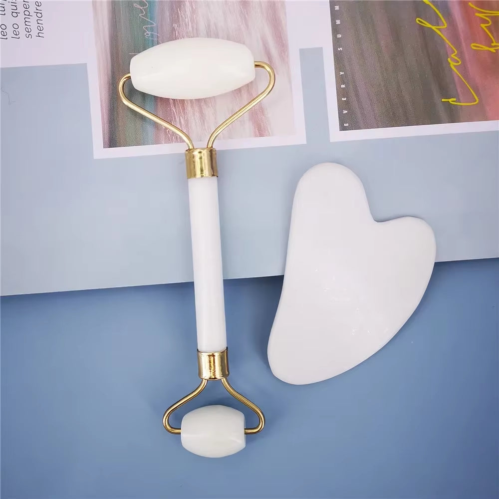 New White Jade Stone Massage Natural Quartz Scraper Jade Roller Gua Sha Set White Face Lifting Facial Massager Tool for Back