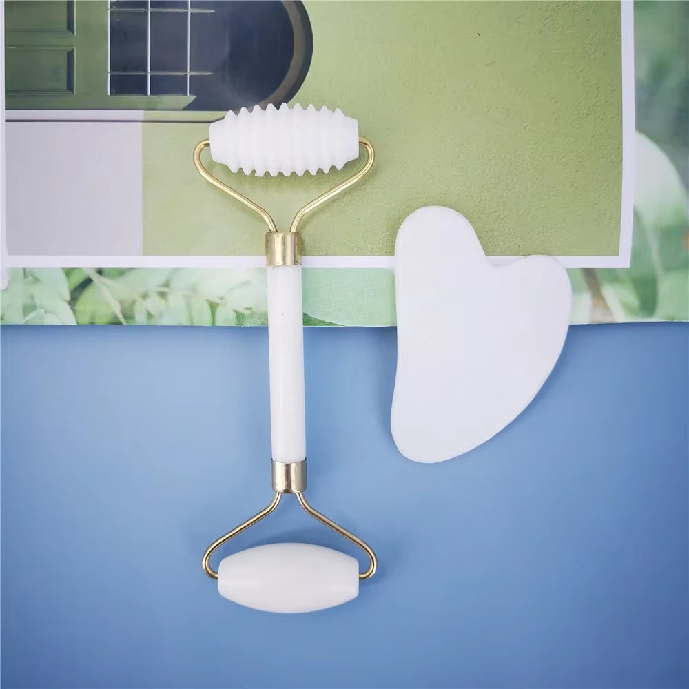 New White Jade Stone Massage Natural Quartz Scraper Jade Roller Gua Sha Set White Face Lifting Facial Massager Tool for Back