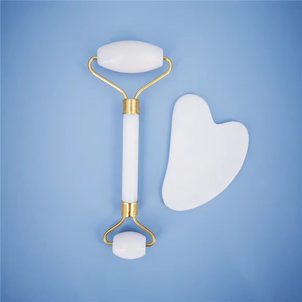 New White Jade Stone Massage Natural Quartz Scraper Jade Roller Gua Sha Set White Face Lifting Facial Massager Tool for Back