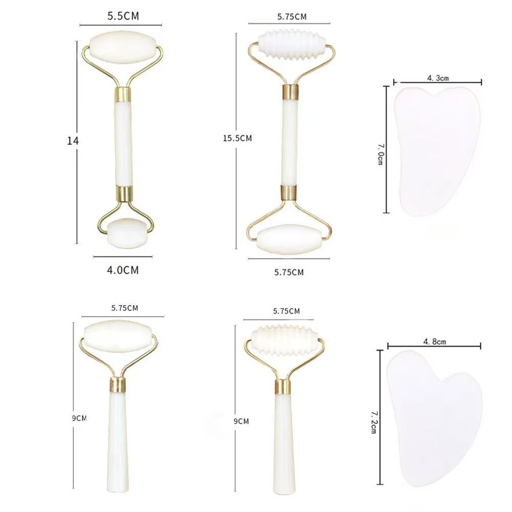 New White Jade Stone Massage Natural Quartz Scraper Jade Roller Gua Sha Set White Face Lifting Facial Massager Tool for Back