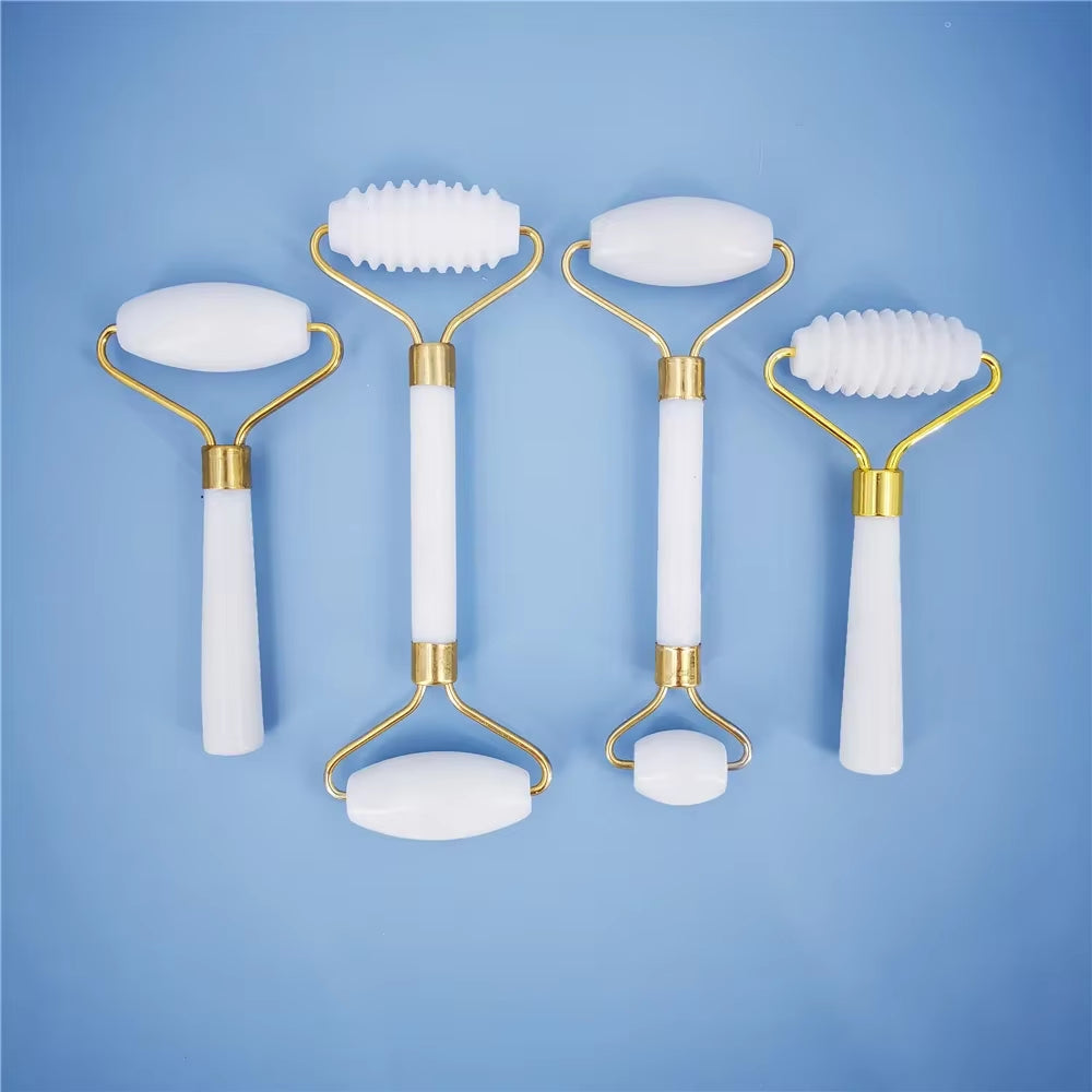 New White Jade Stone Massage Natural Quartz Scraper Jade Roller Gua Sha Set White Face Lifting Facial Massager Tool for Back